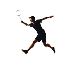 Young male badminton player in mid air striking shuttlecock during a match