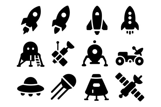 Silhouette of spacecraft and exploration icons featuring rockets and satellites