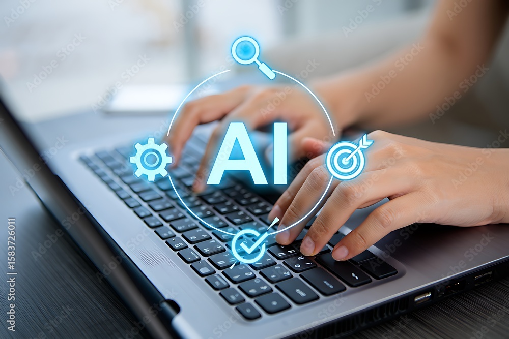 Poster person s hands typing on a laptop keyboard with glowing ai icons and a circular interface representi