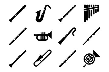 Obraz premium Musical instrument icons: wind and brass instruments in bold silhouette