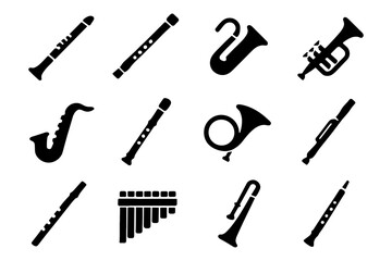 Silhouette collection of musical wind instruments on white background