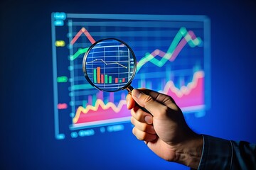 Hand holding a magnifying glass over a glowing digital financial graph with rising and falling lines and bar charts on a dark blue background symbolizing analysis and growth