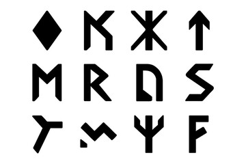 Ancient runes collection with mysterious symbols in black silhouette style