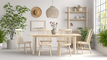 Light beige wooden dining set in a bright room.