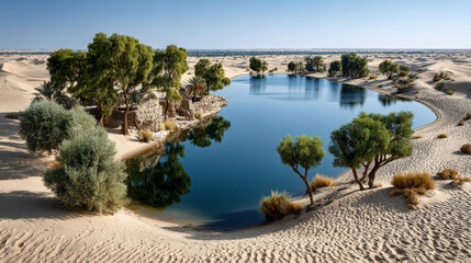 Serene oasis with lush greenery and reflective water in expansive desert landscape