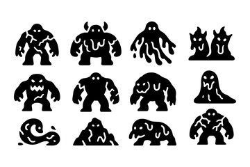 Monster silhouettes set: iconic slime creatures in minimal black style