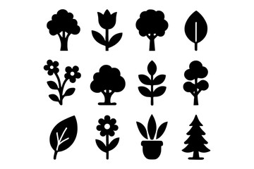 Silhouette collection of trees, flowers, and leaves icons for nature themes