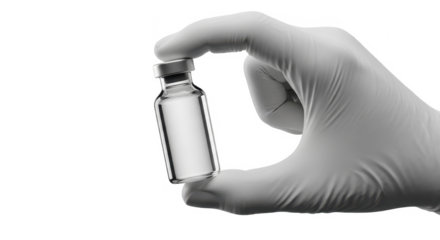 A gloved hand delicately holds a small, clear glass vial, possibly containing medication or a vaccine.