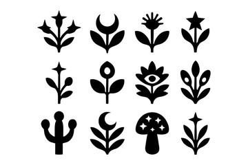 Collection of minimalist nature icons with mystical elements and botanical motifs