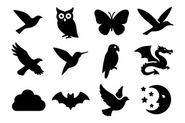 Collection of animal and nature silhouettes featuring birds, butterflies, and mythical creatures