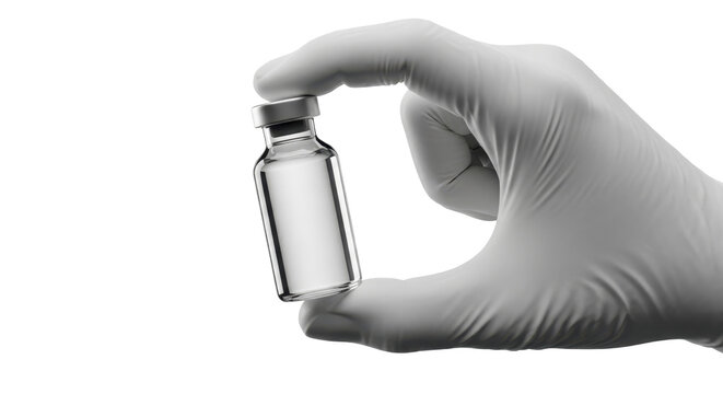 A gloved hand delicately holds a small, clear glass vial, possibly containing medication or a vaccine.
