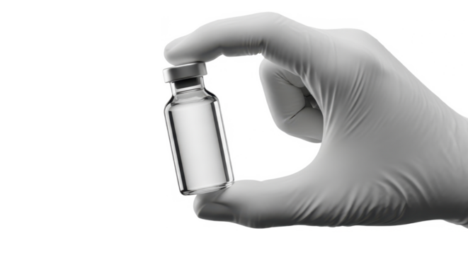 A gloved hand delicately holds a small, clear glass vial, possibly containing medication or a vaccine.