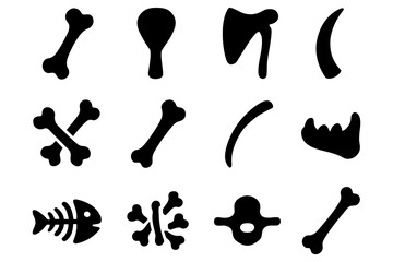 Silhouette collection of primitive bones and fossils icons on white background