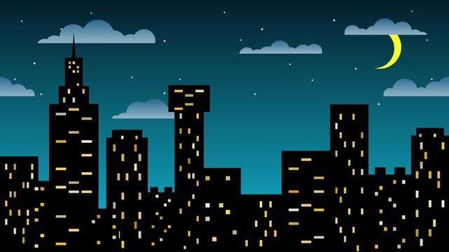 Night city skyline with illuminated windows, stars, crescent moon, and smoothly drifting clouds. Looped animations.