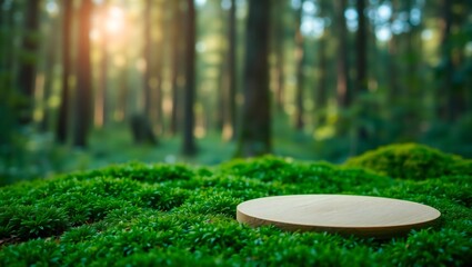 Wooden display platform on lush green moss in a sunlit forest