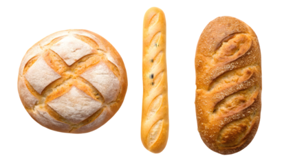 three different types of bread a rustic round loaf a long crusty baguette and a sweet bun with a braided top freshly baked and displayed on a white background isolated on white background 65423444 1