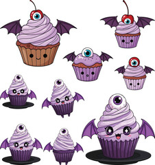 Collection of cute halloween cupcakes with bat wings and eyeballs
