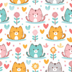 Whimsical repeating pattern featuring colorful cartoon cats, flowers, and hearts on a white background.