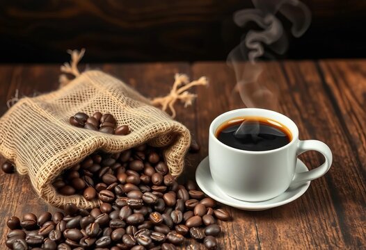 Dark roasted coffee beans in burlap sack beside steaming cup on rustic wood,  breakfast,  texture