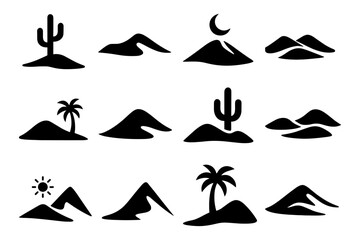 Desert and mountain silhouettes with moon, sun, cactus, and palm trees