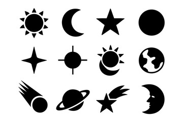 Celestial shapes silhouette collection: sun, moon, stars, planets, and more