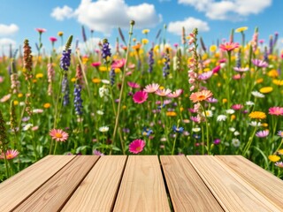 Wooden table surface overlooking a vibrant field of wildflowers under a blue sky
