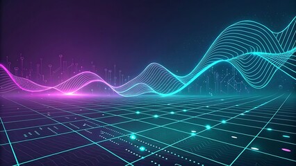 Abstract blue background with fractal wave pattern and light lines for technology design