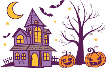 Spooky Halloween Haunted House Scene with Full Moon and Bats. Creepy Haunted House Halloween Night Scene with Twisted Trees. Haunted House on Hill Halloween Scene with Graveyard and Bats