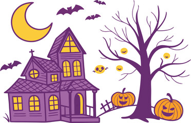Spooky Halloween Haunted House Scene with Full Moon and Bats. Creepy Haunted House Halloween Night Scene with Twisted Trees. Haunted House on Hill Halloween Scene with Graveyard and Bats