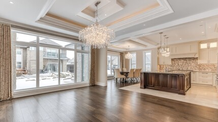 Open-concept kitchen and dining area with large windows.