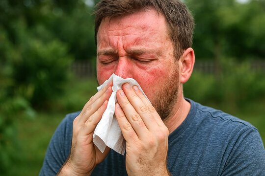 Man suffering from allergy symptoms sneezing with tissue outdoors in a green garden setting. concept of allergy relief, seasonal allergies, health awareness - Powered by Adobe