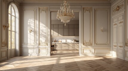 Spacious, sunlit interior with elaborate panelling and a kitchen beyond.