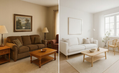 Fototapeta premium Modern and minimalistic living room redesign before and after with neutral tones and wooden furniture. concept of interior makeover, contemporary aesthetic, cozy home decor.