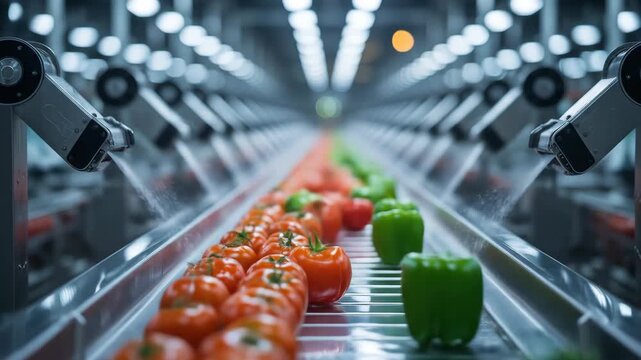 Automated food processing line with fresh tomatoes and peppers