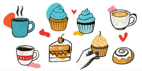 Trendy Halftone Coffee and Cupcake Clipart, Vintage Doodle Style Vector Set with Cakes, Cinnamon Rolls, and Mugs on Transparent Background