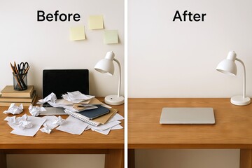 Before and after comparison of a desk transformation from cluttered papers to minimalist organization in a simple workspace setting. concept of office cleanliness, productivity improvement