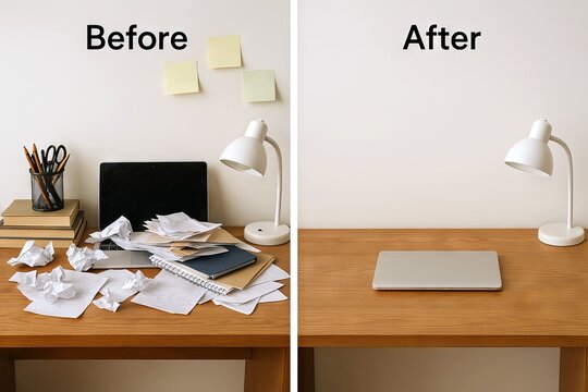 Before and after comparison of a desk transformation from cluttered papers to minimalist organization in a simple workspace setting. concept of office cleanliness, productivity improvement - Powered by Adobe