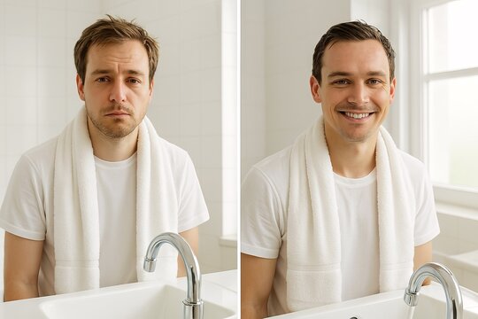 Before and after skincare routine of a caucasian man with towel around neck in bathroom sink area. concept of personal grooming, skin care, healthy lifestyle. - Powered by Adobe