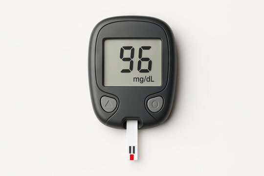 Digital glucose meter displaying blood sugar level of 96 mg dL with test strip inserted, showcasing modern health monitoring technology and design, White background - Powered by Adobe