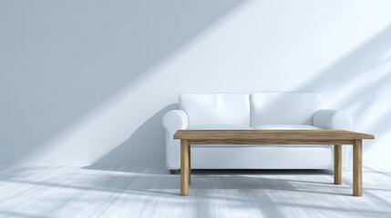 Light-filled room with a white couch and wooden coffee table.