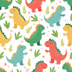 Colorful cartoon dinosaurs and green leaves pattern on a white background, creating a playful design.