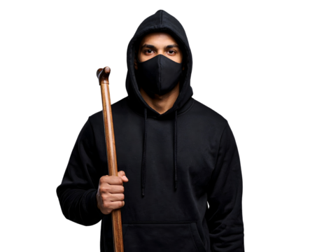 A man in a black hoodie and mask holds a cane, appearing serious as he stands with transparent background.