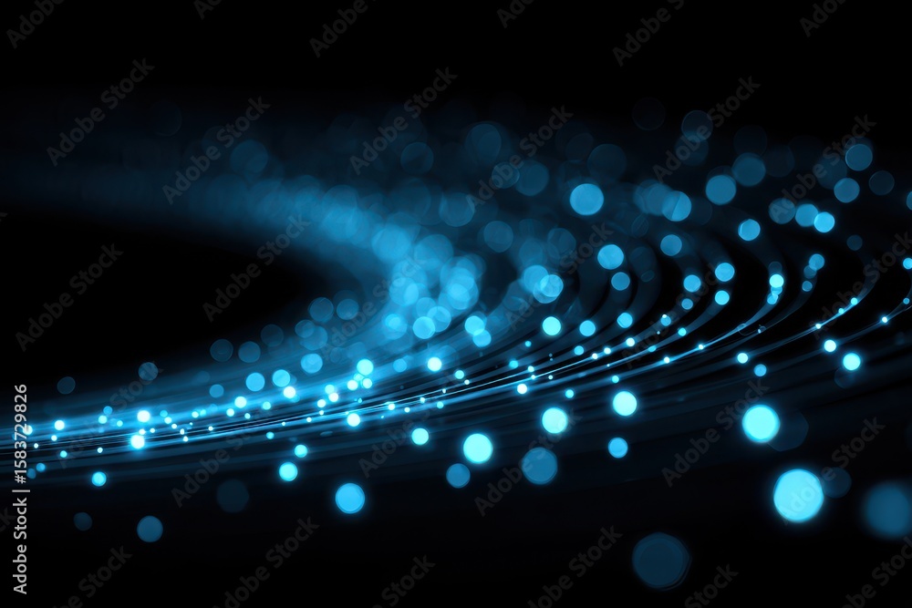 Poster glowing curved lines create an enchanting display with bright blue particles swirling in a dark back