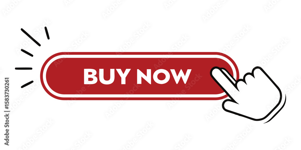 Aufkleber clickable buy now button vector. bold red online purchase call to action with mouse cursor for e-com