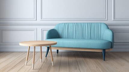 Light-blue sofa and round wooden coffee table in a classic room.