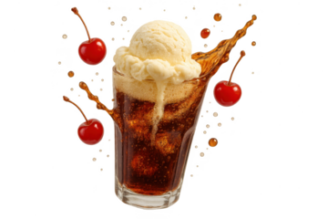 Root beer float with cherries isolated on a transparent background, refreshing.