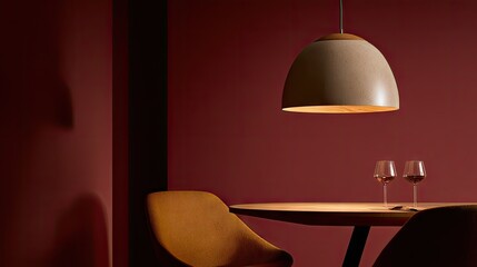 A modern pendant light illuminates a dining area.