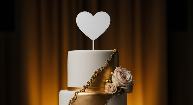 **Glossy blank heart-shaped wedding cake topper mockup on luxurious gold-accented three-tier cake, dramatic warm lighting for upscale romantic presentation** 