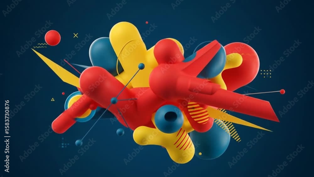 Poster abstract shapes floating in dynamic composition on dark blue background