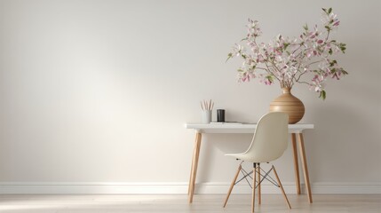 Bright Home Office Space with Desk Chair and Floral Arrangement
